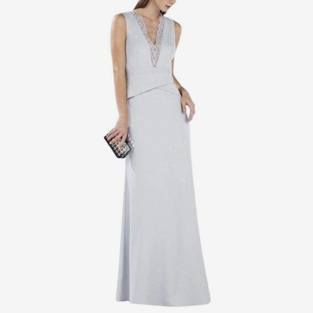 BCBG Alyza Deep-V Lace Insert grey long maxi dress Size 12 great for weddings